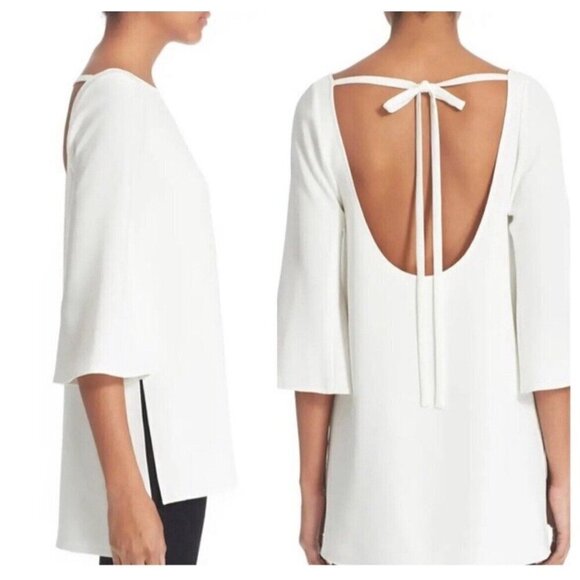 Elizabeth and James Womens Top Sz Small White Crepe Low Tie Back Bell Sleeve - Picture 2 of 9